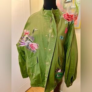 🆕RARE Cindy Kono embroidered army jacket, hidden zipper/snaps front 💚🦚🌺 NWOT